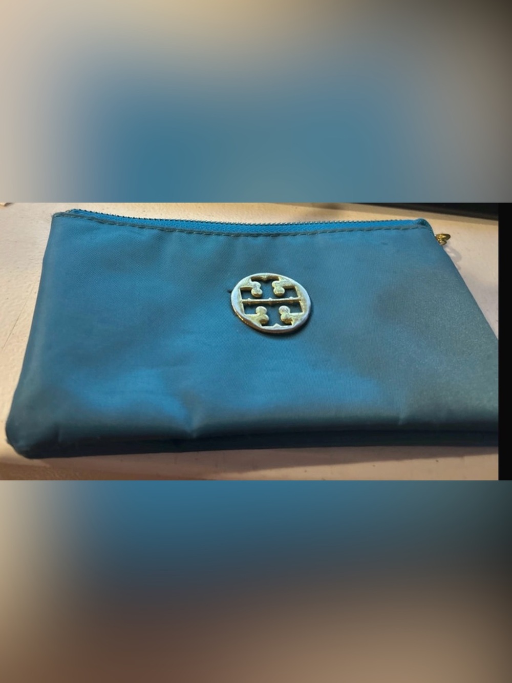 Tory Burch Blue Nylon Logo Cosmetic Pouch Zip Bag